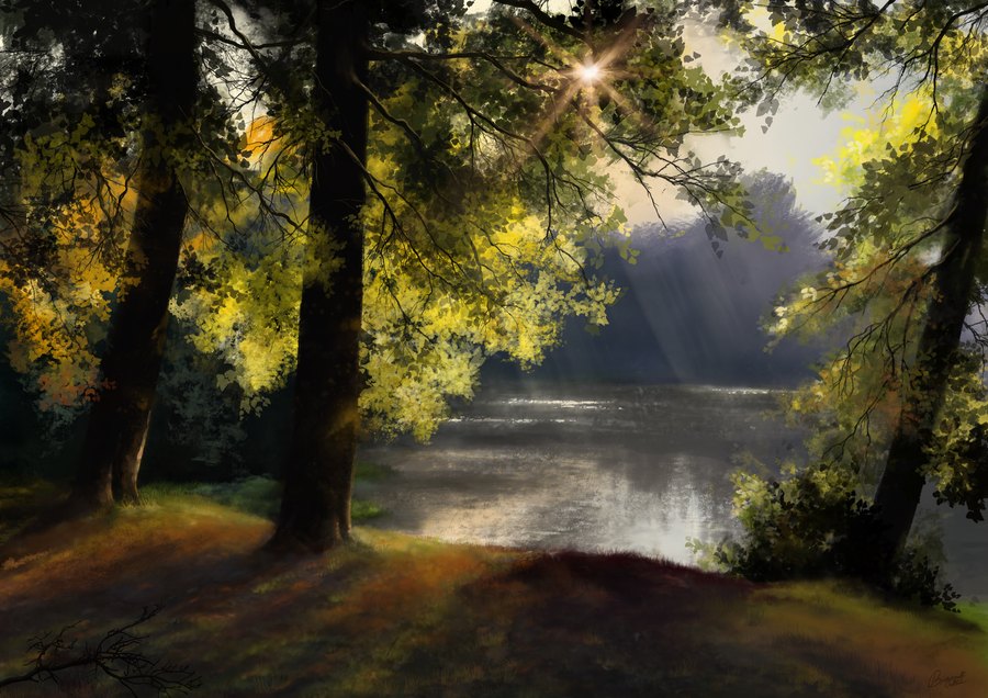 Digital painting of sunlight breaking through trees over still water.