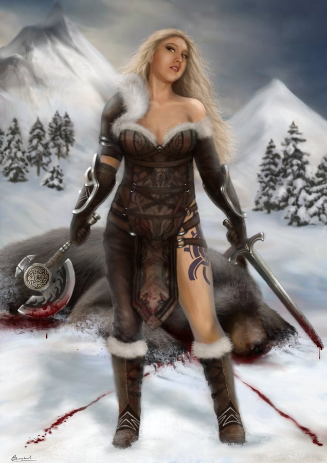 Digital painting of an armoured figure standing in snow before a mountain range.