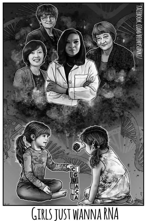 Monochrome illustration: portraits of five women scientists above two girls stacking lettered blocks.